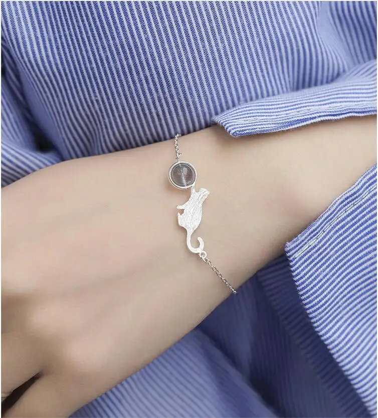 Мода 925 стерлинговый серебряный с лунным камнем кошка Шарм браслет и для женщин