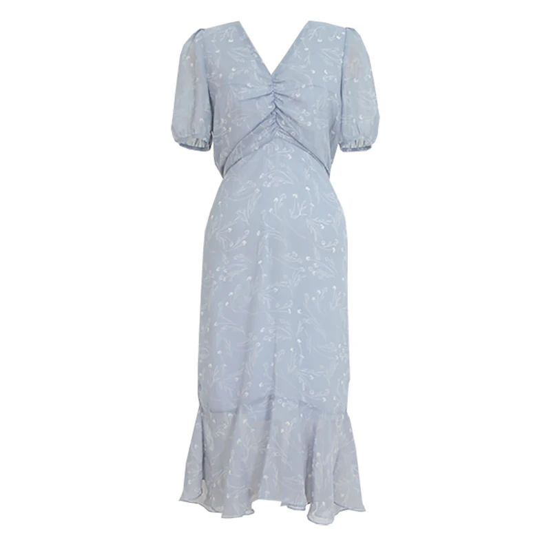 

Summer Gentle Hepburn French Minority Floral Sweet Pleated V-neck Short Sleeve Waist-Controlled Dress Slimming Temperament