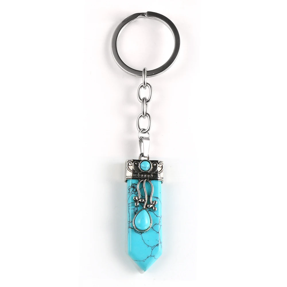 Брелок для ключей с натуральным драгоценным камнем гексагональный Конусный