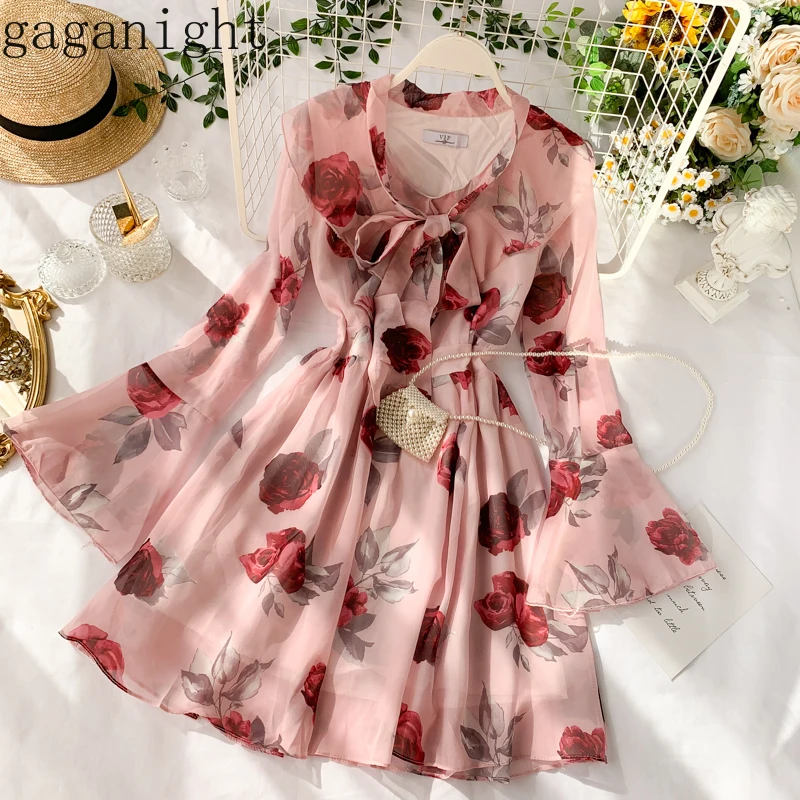 Gaganight женское летнее богемное платье с оборками длинными рукавами и бантом на воротнике элегантное