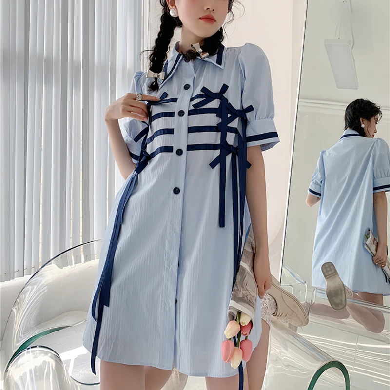 

Women Solid Long Sleeve Shirt Summer Short Sleeve Loose Ribbons Mid-length Single Breasted Blouse Button Casual Streetwear