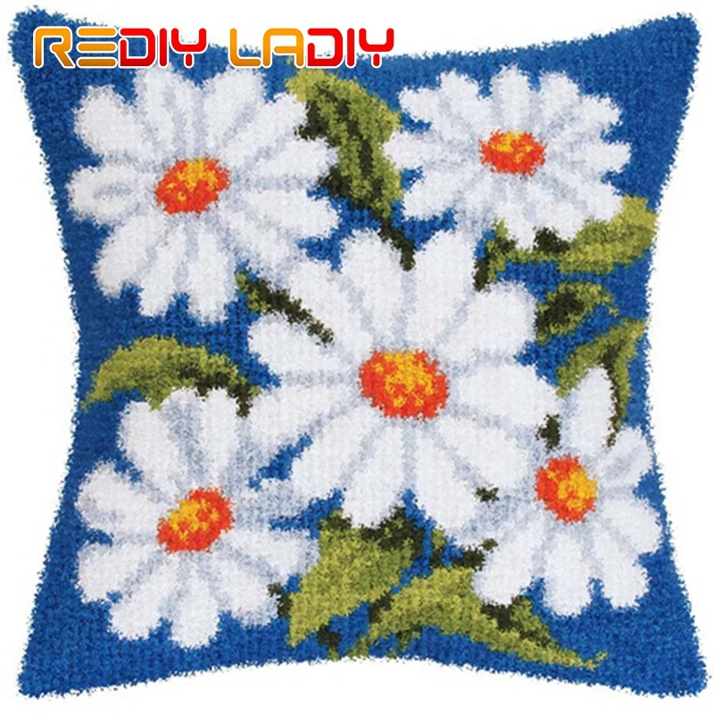 Latch Hook Cushion Cover White Daisy Crocheting Yarn Pillow Case Pre-Printed Color Canvas Crochet Arts &amp Crafts Sofa Bed | Дом и сад
