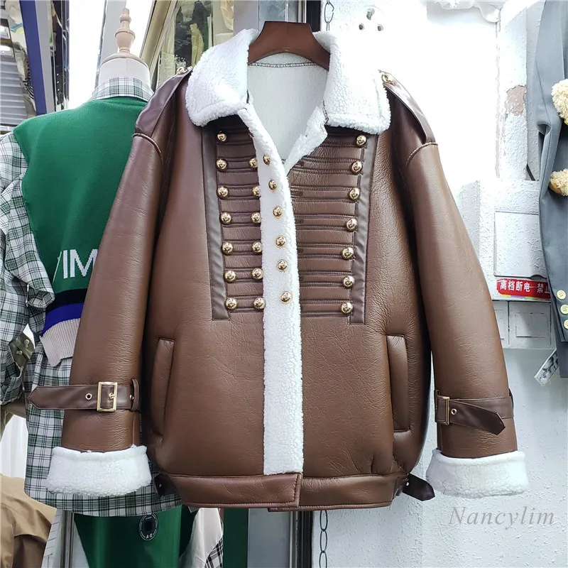 

Leather Jacket Women 2021 Winter New Retro Buckle Fur Patch Thickened Pu Motorcycle Coat Femme Warm Streetwears