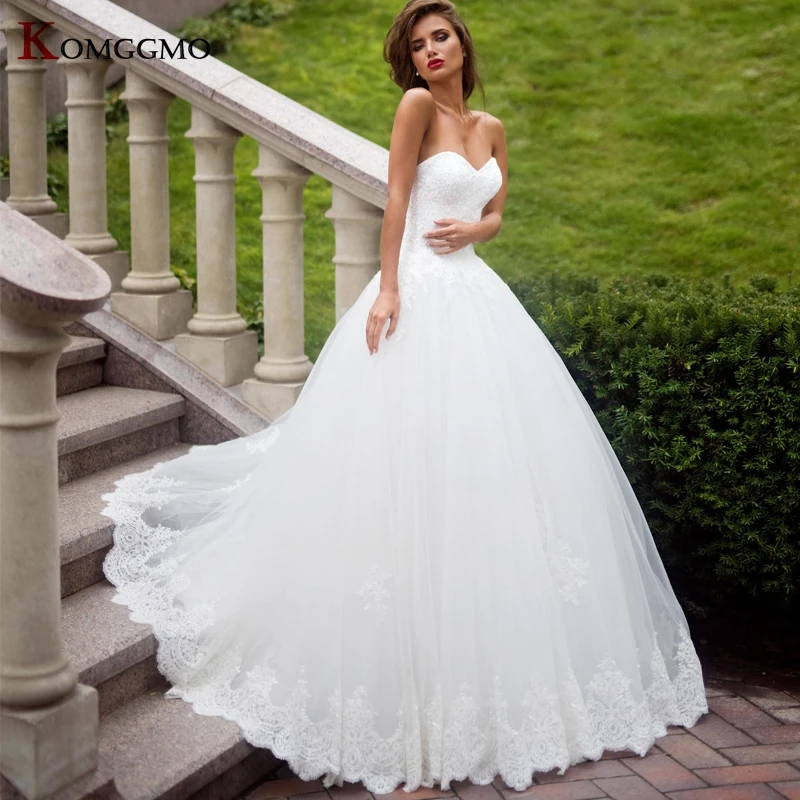 

Женское свадебное платье без бретелек, элегантное бальное платье из тюля с вышивкой и аппликацией, со шлейфом сзади, без рукавов, 2021