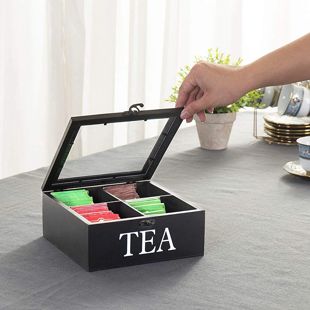 

4 Cells Wooden Visible Storage Box with Lid & Latch for Tea Bag Jewelry Coffee Retro Style 23*23*9CM Organizer Storage Box