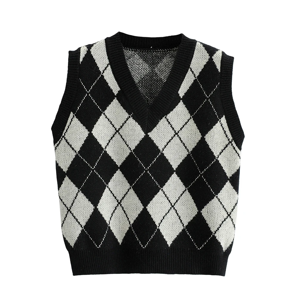 

Women Vests 2021 Spring Autumn Japanese College Style Girls Loose Diamond Check Stitching Design Knitted Pullovers