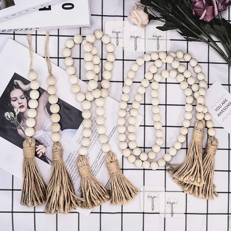 

Wood Bead Garland Set with Tels,Prayer Beads Farmhouse Beads Wall Hanging Decoration (1 Set of 3,148CM+30CM+28CM)