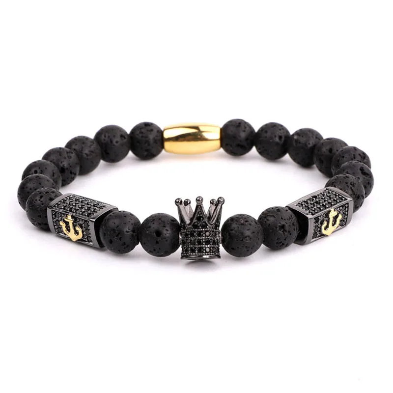 Модные мужские браслеты с бусинами CZ Pave Череп Корона Лев Шарм Лава Рок Камень