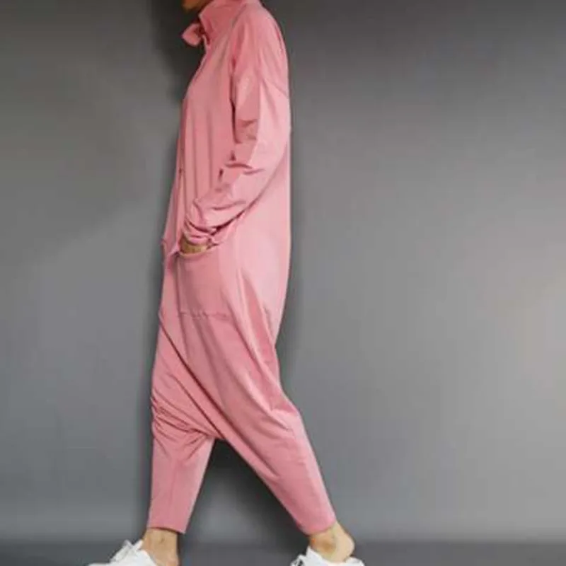 

Long Sleeve Drop Crotch Jumpsuits Women Spring Cargo Cross-Overalls Plus Size Baggy Cotton Playsuit Hip Hop Pockets Rompers