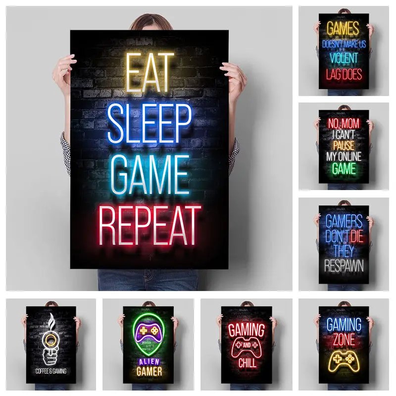 

Eat Sleep Game Repeat Gaming Decoration Gamer Picture Character Poster Canvas Painting Kids Room Prints for Modern Home Decor