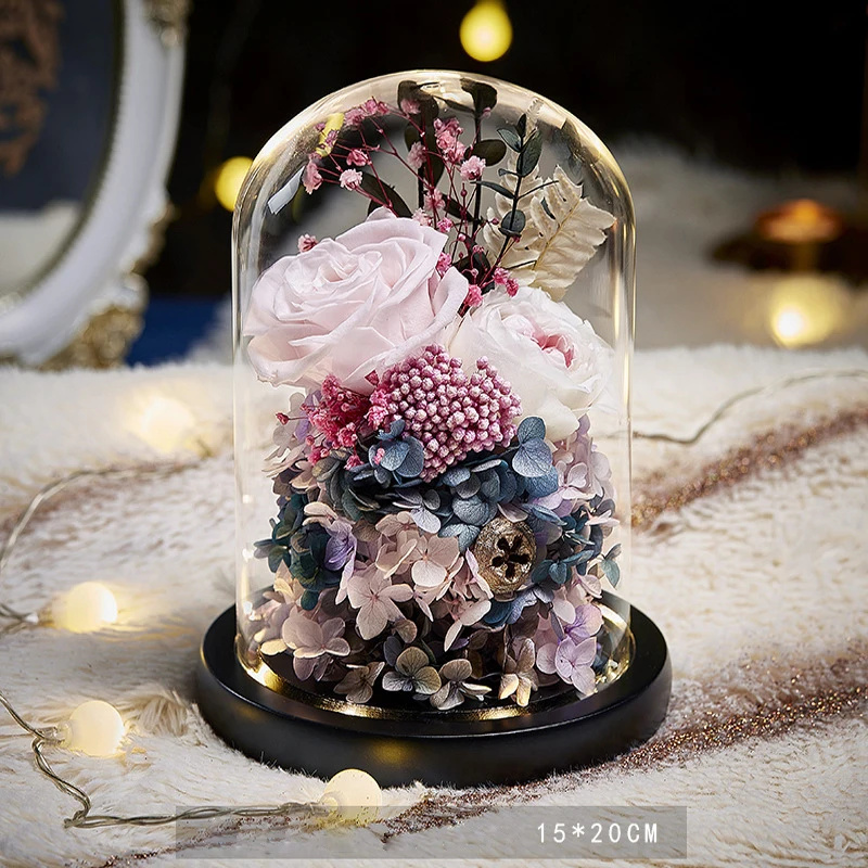 

Artificial Eternal Rose Flower Eternelle Flower In Glass Dome LED Home Decor Mother's Birthday Valentines Day Gift
