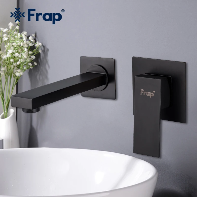 

Frap Wall Mounted Basin Faucet Matte Black Bathroom Toilet Washbasin Tap Single Handle Dual Hole Cold and Hot Water Mixer Crane