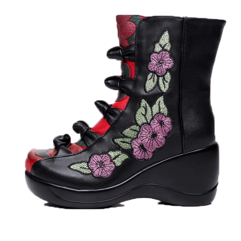 SONDR platform high heel black wedge winter boots women embroider genuine leather botas mujer invierno 2019 short plush botines | Обувь