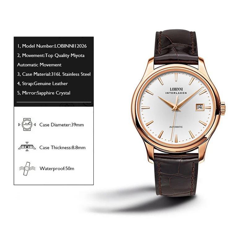 Часы LOBINNI Мужские автоматические брендовые Роскошные водонепроницаемые простые