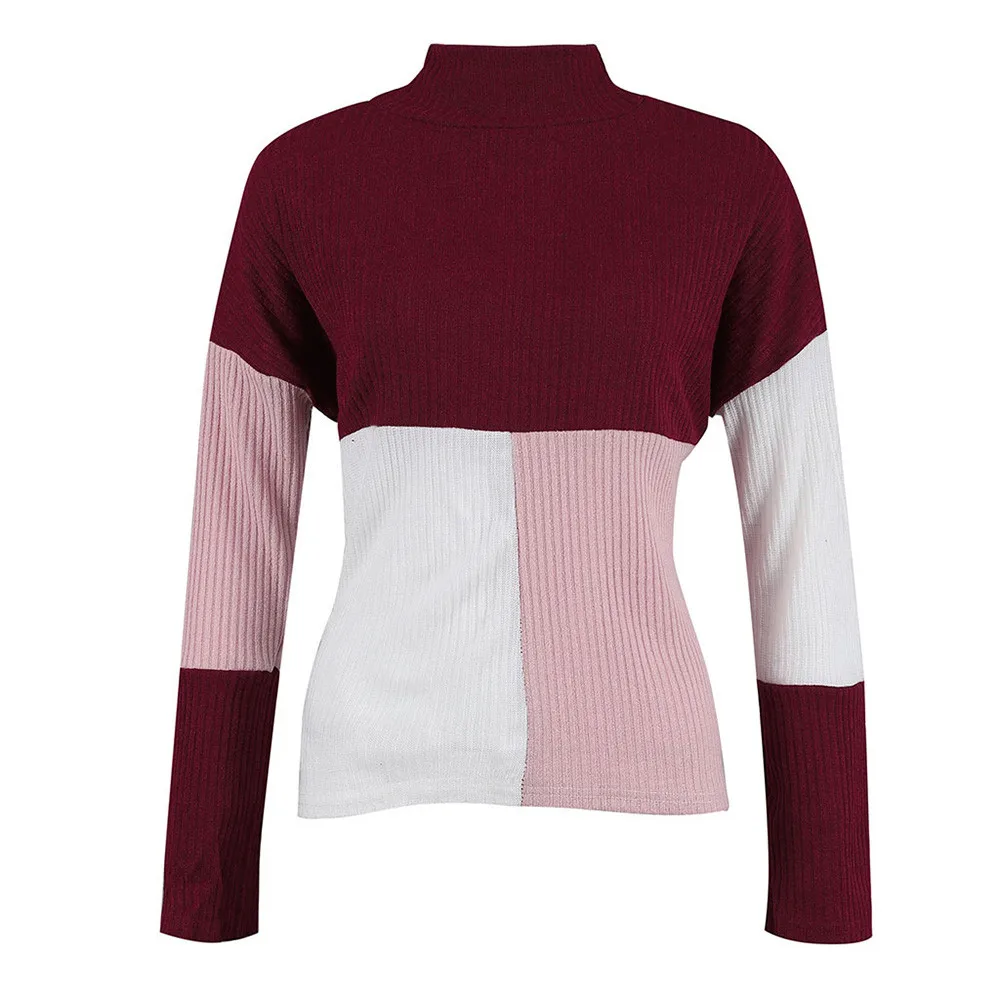 Jaycosin Women Colorblock Stand Long Sleeve Knitted Loose Sweater Tops Casual Quality Attractive Jumper Pullover Top Blouse | Женская