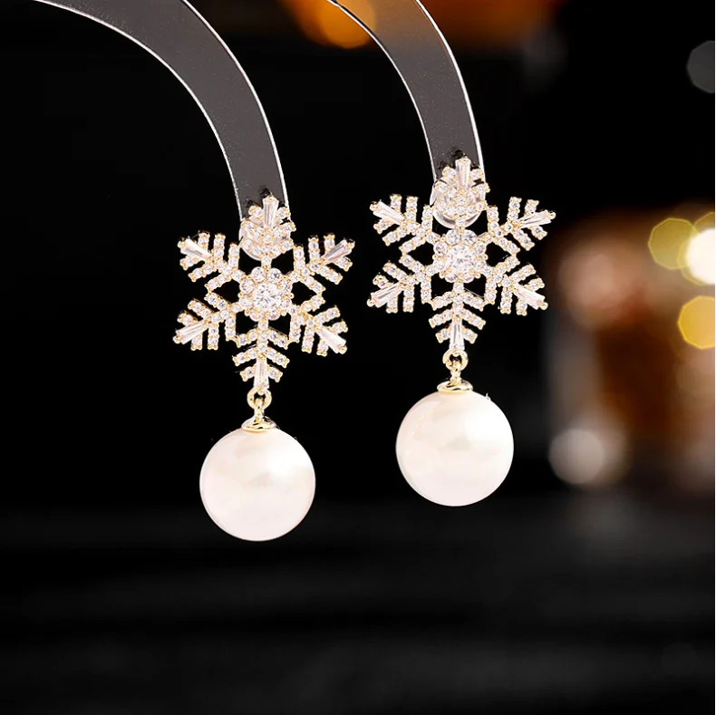 

Japan and South Korea simple wild earrings dress wedding bridal jewelry zircon pearl snowflake earrings LYX093