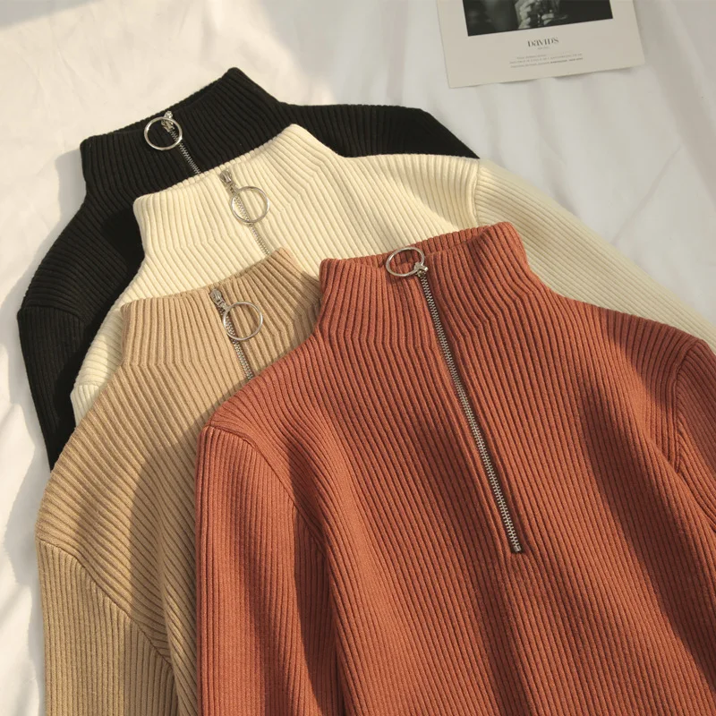 

Zipper Half Turtleneck Pullovers Women Sweater Long Sleeve Skinny Elastic Knitted Femme Solid Spring Jumper High Quality Sweater