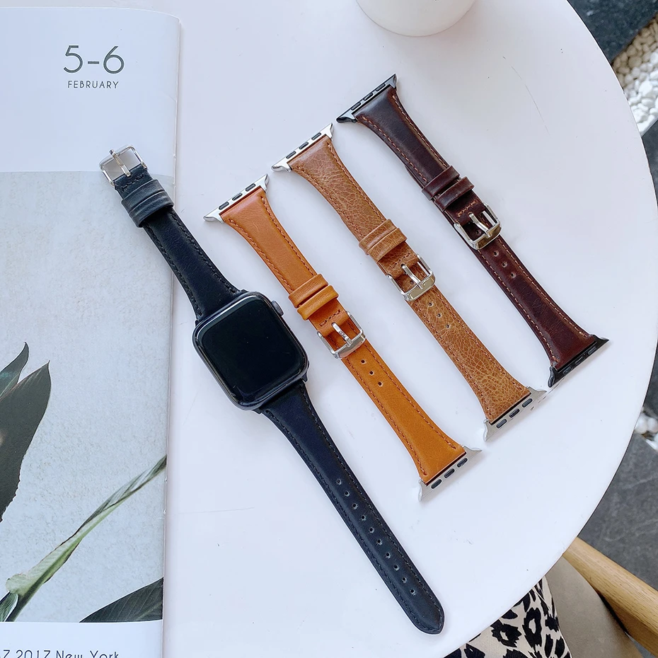 Leather Watchband for Apple Watch Band 44mm 42mm 40mm 38mm Bracelet Smart Accessories iwatch series 2 3 4 5 6 Strap Replacement | Наручные