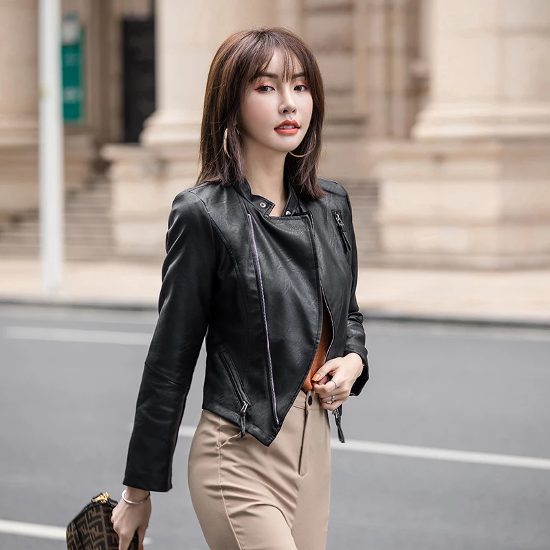 Женская модная куртка из искусственной кожи яркие цвета Черная мотоциклетная