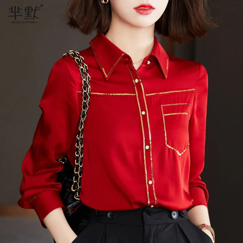 

Красная шелковая рубашка, женская осенняя одежда, новинка 2021, Высококачественная рубашка в западном стиле, женский топ из шелка тутового ше...