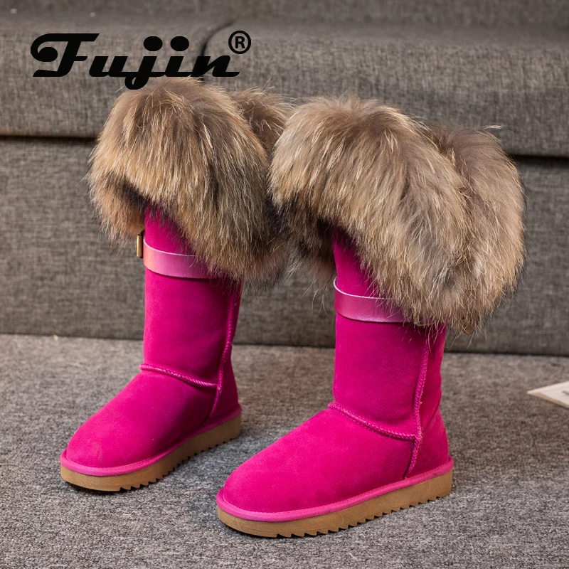 Женские ботинки до середины икры Fujin теплые Нескользящие из натуральной кожи с