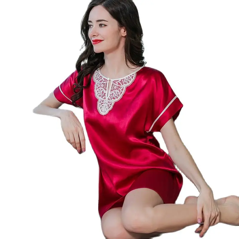 S55146  New Sexy Silk Pajamas Spring and Summer Lace Elegant Short Sleeves 100% Mulberry Silk Sleeping Home Clothes