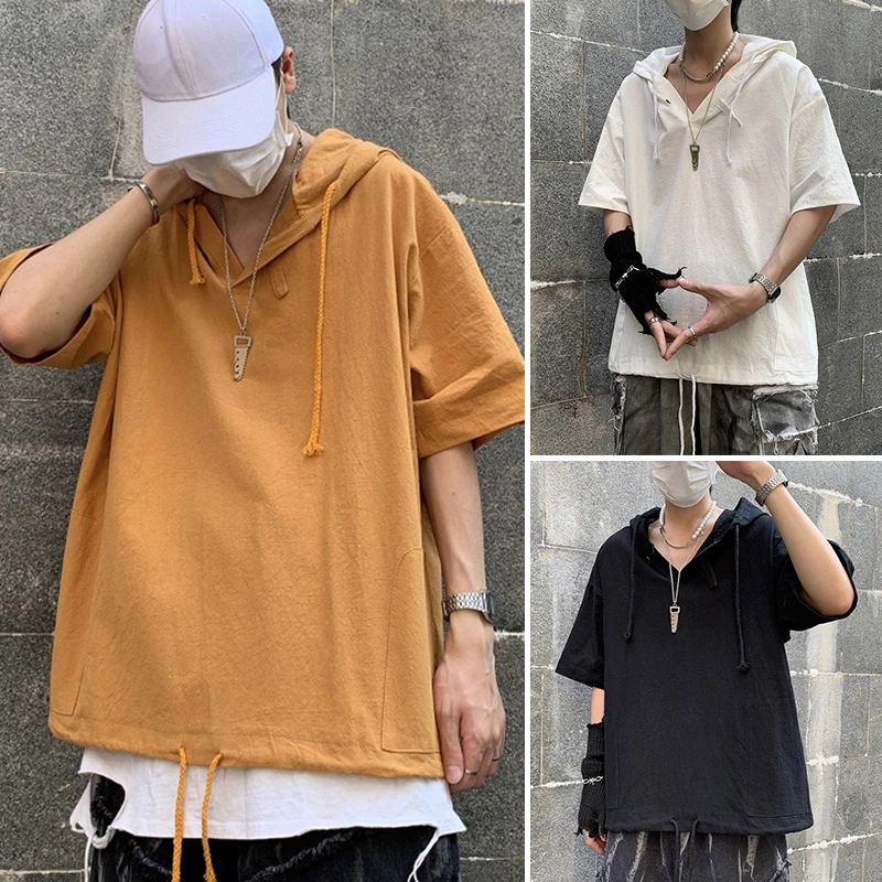 

Mens Solid Color Hooded T-shirt Korean Casual Fashion Dark Style Harajuku Streetwear Five-point Sleeve T-shirt Retro Hip-hop Top