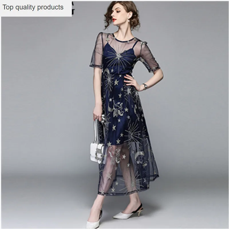 

Robe Longue 2020 Elegant Women Summer Dress Maxi Mesh Evening Party Dress Female Embroidery Women's Dresses Vestido Sexy YQ082