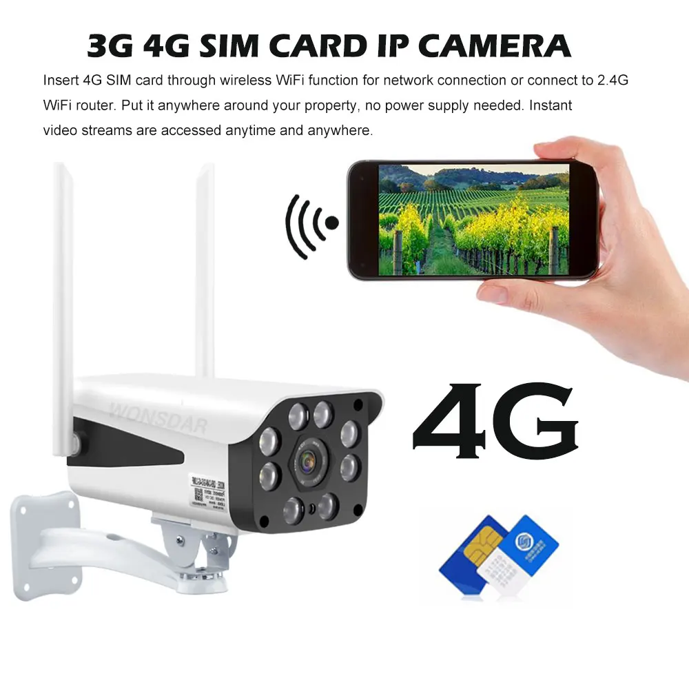 Камера видеонаблюдения Wonsdar 4G 3G поддержка SIM карты 5 МП 1080P HD Wi Fi IP 1080P|Камеры