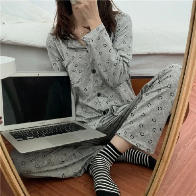 

Smiley Print Pajama Set Long Sleeve Cardigan Set Women Long-sleeved Homewear Sleepwear Cotton Home Clothes Nightwear