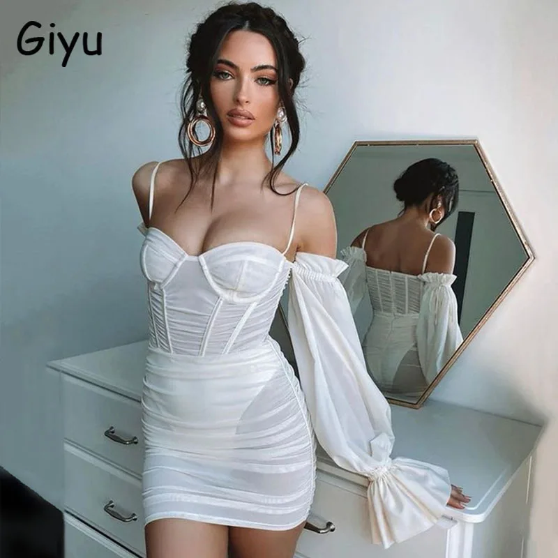 

Женское прозрачное Сетчатое платье Giyu, Сексуальные облегающие мини-платья для ночного клуба вечерние, осенние платья с воротником-лодочкой...