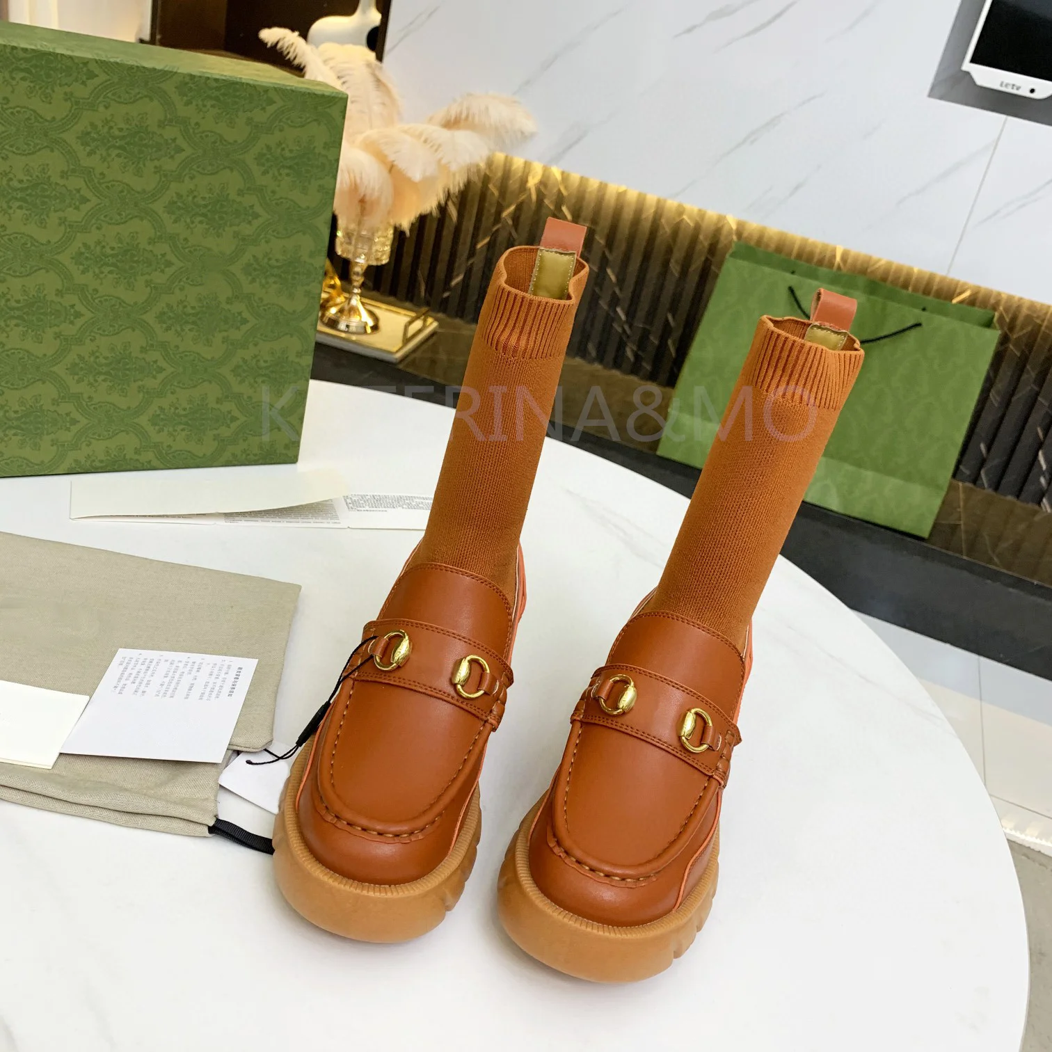 

Brand Elastic Stocking Boots Women Thick Sole Real Leather Round Toe Ankle Botas Retro Metal Buckle Decoration Short Boots