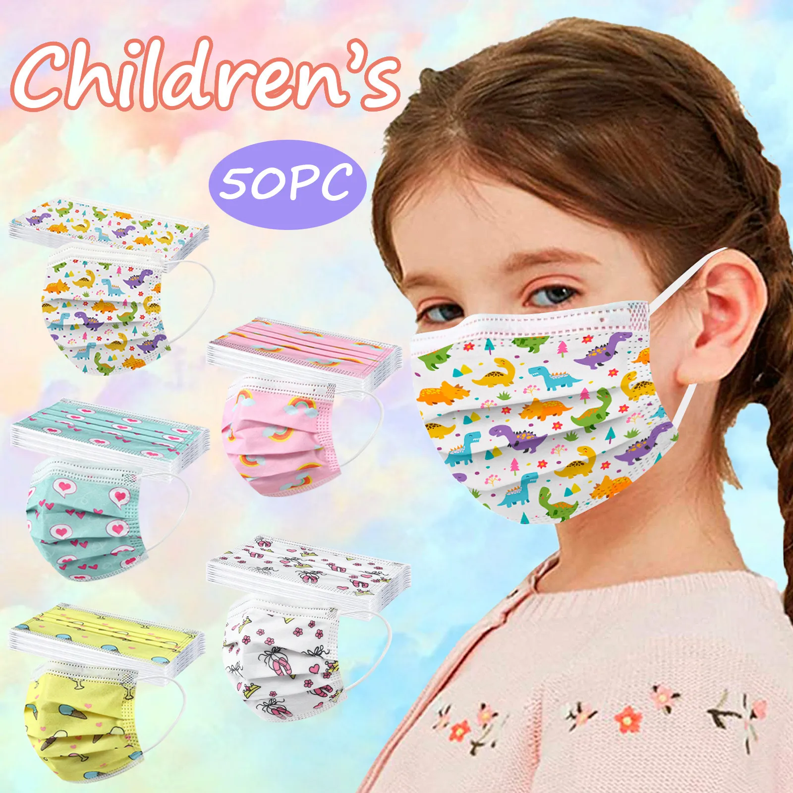 

Masques jetables pour enfants 50PC Kids Children's Mask Disposable Face Mask 3Ply Ear Loop Mask Masques anti-poussir
