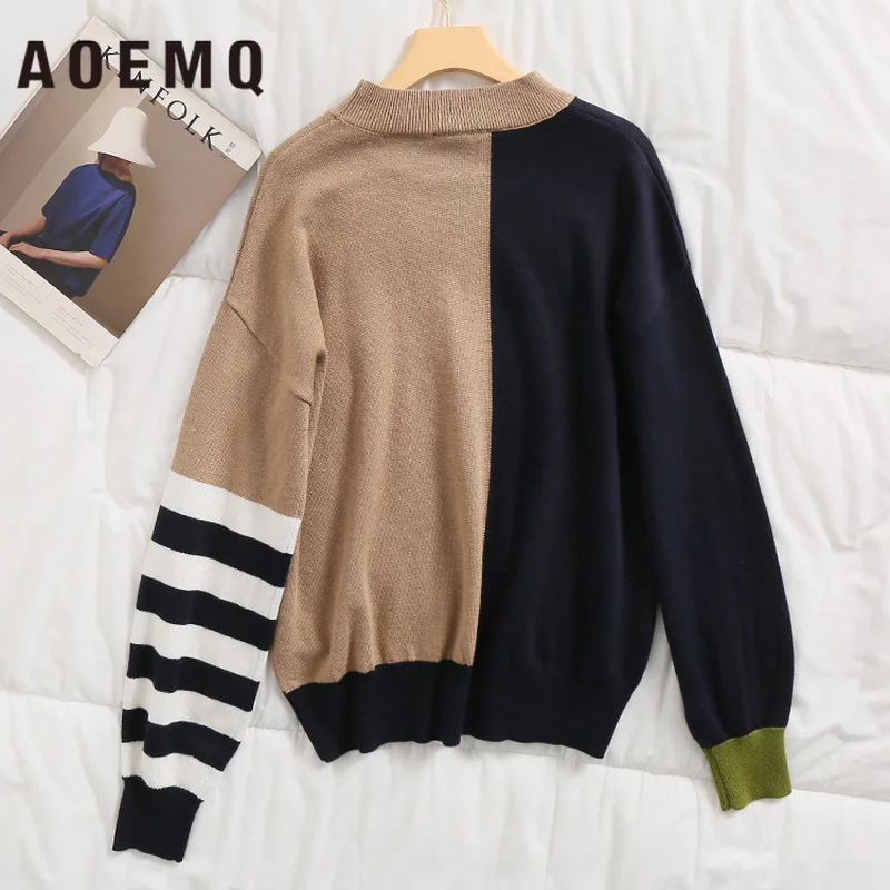 AOEMQ Christmas Party Sweaters Patchwork Zebra Striped Lantern Sleeve Sweater Creative Fashion Winter Women Clothing | Женская одежда