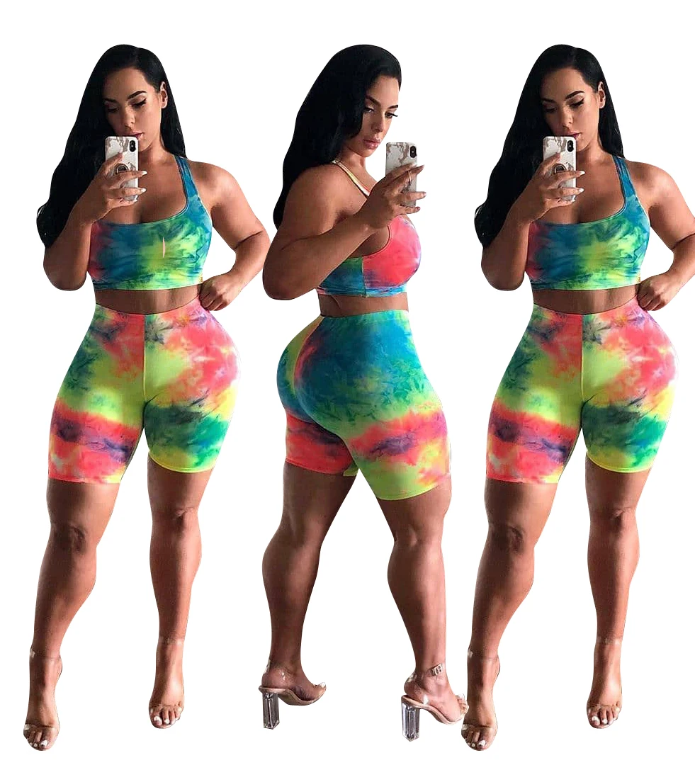 

Women 2 Piece Tracksuit Fashion Summer Tie Dye Outfits Festival Clothing Sleeveless Top and Biker Shorts Sweat Suits Set