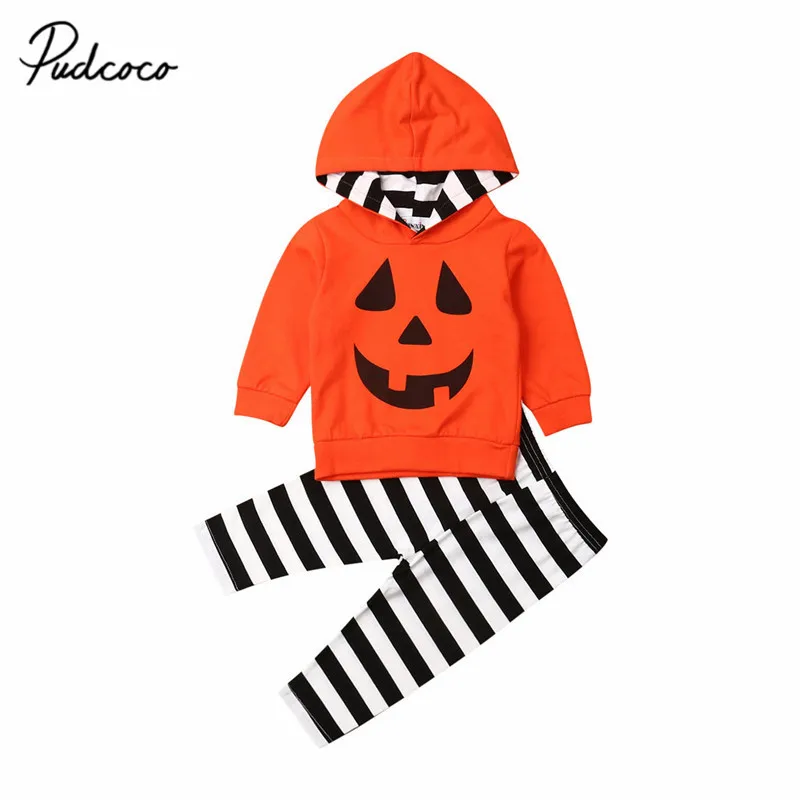 2019 Baby Autumn Winter Clothing Toddler Girl Boy Halloween Clothes Pumpkin Hooded Tops Stripe Long Pants 2Pcs Set Outfits | Детская