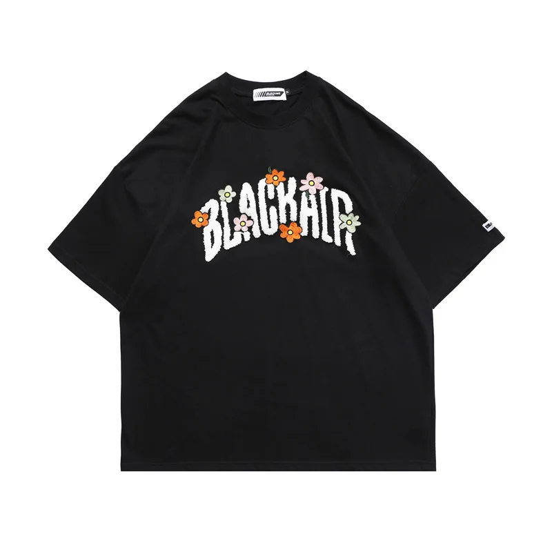 

Hip Hop T-Shirt Men 2021 Streetwear Flower Embroidery Tshirt Harajuku Summer T-Shirt Cotton Loose Tops Tees Shirts WQ349