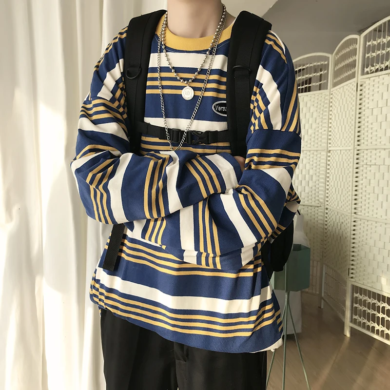 

2019 Autumn New Super Fire Korean Version Of The Boyfriend Wind Loose Striped Simple Long-sleeved Casual T-shirt
