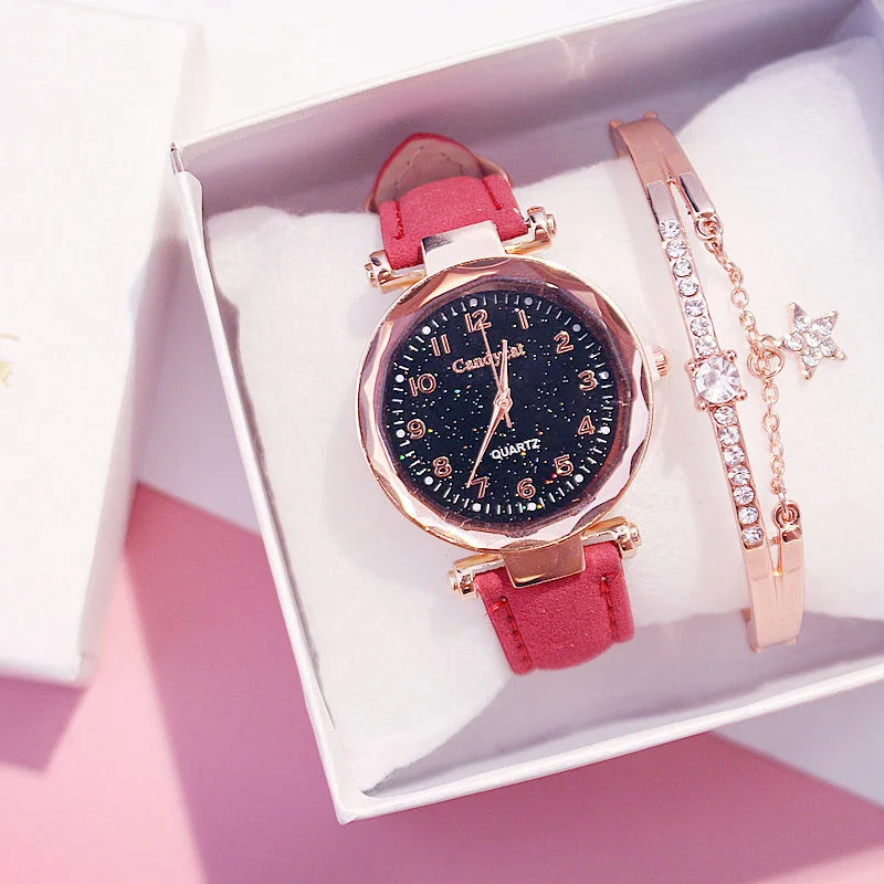 Red Color Bracelet Модный Звездный браслет с изображением неба, часы, повседневные женские часы, браслеты, набор кожаных аналоговых кварцевых наручных часов, часы для женщин - Цвет: Red Color Bracelet