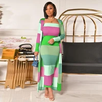 autumn winter women two piece set striped print strapless bodycon long dress and full sleeve open stitch elegance clothing new