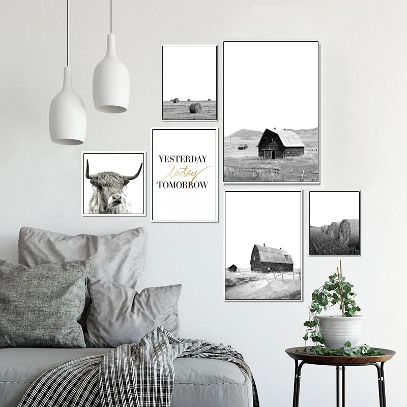Скандинавская ферма корова дом пейзаж холст картина мотивационный плакат черная