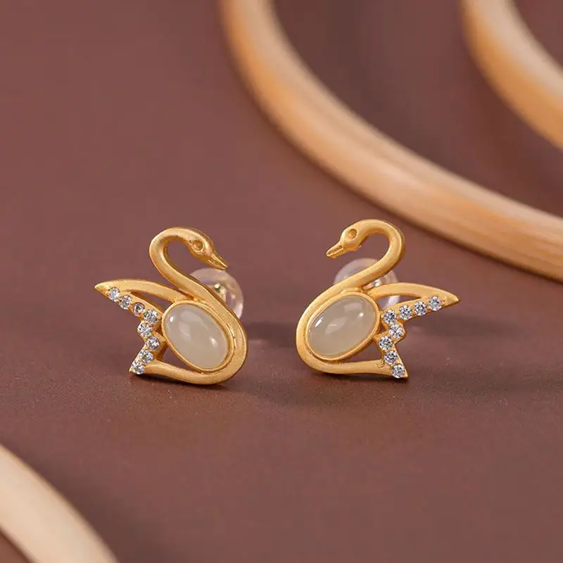 

HML& original new natural Hetian jade swan earrings fashion personality simple and exquisite ladies silver jewelry