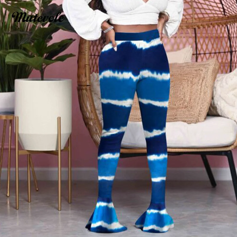 

Mutevole Fashion Sexy Slim Fit Flare Pants Women Casual Midi Waist Print Trousers Femme Elastic Wide Leg Bell Bottom Pants