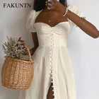 Женское платье с коротким рукавом FAKUNTN, белое кружевное платье с высоким разрезом, французское платье с пышными рукавами в уличном стиле, 2020