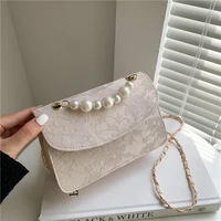 elegant pearl bead woman underarm bags handbags lace flowers ladies small square shoulder bag fashion chain female crossbody bag