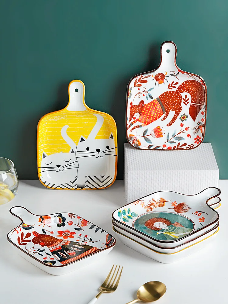 

Nordic Ceramic Hand-Painted Glazed Color Plate Household Microwave Anti-Hot with Handle Baking Tray Breakfast Plate Tableware