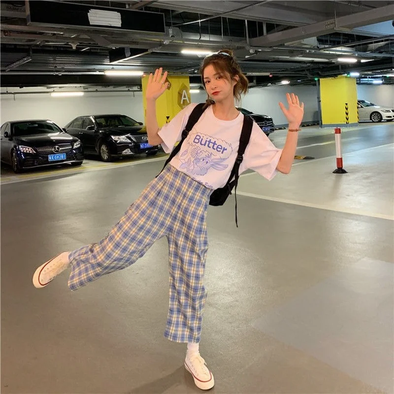 

Casual Pants Women Ankle-length Loose Plaid Simple Korean Style All-match Trendy Chic Retro Harajuku High Waist Lovely Womens
