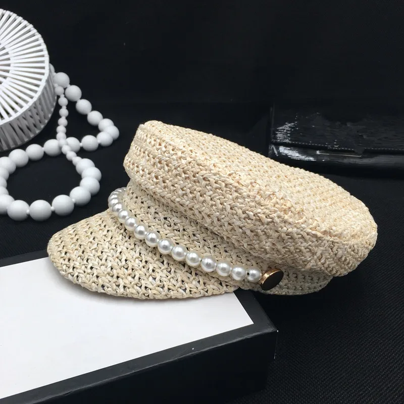 Женская плетеная шляпка с жемчугом новый весенний Плетеный светильник из соломы