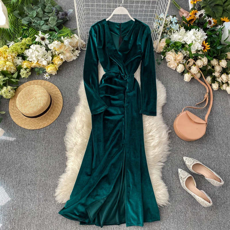 

vestidos mujer 2020 autumn spring christmas robe sexy elegant vintage v-neck long sleeve ruffle velvet party night long dress