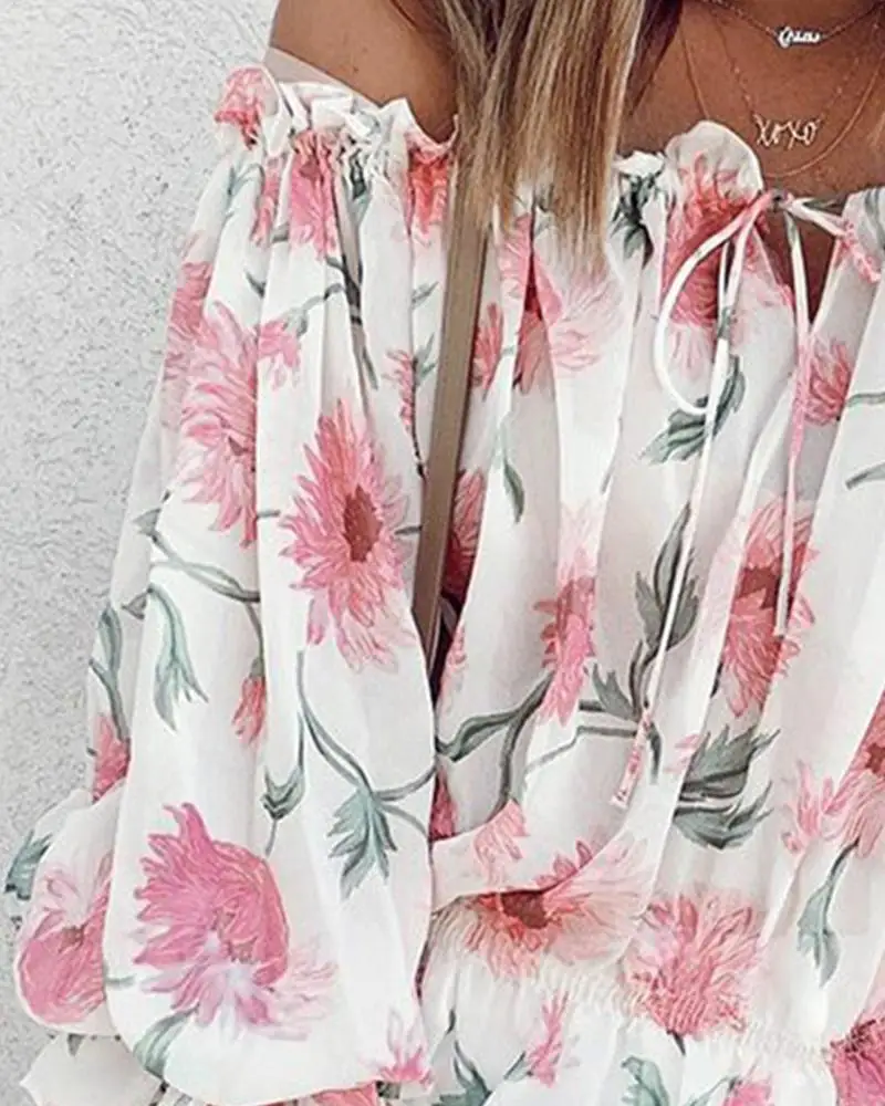 

Summer Women Floral Print Off Shoulder Boho Blouse Femme Casual Lantern Sleeve Top Office Ladies Chiffon Tunic